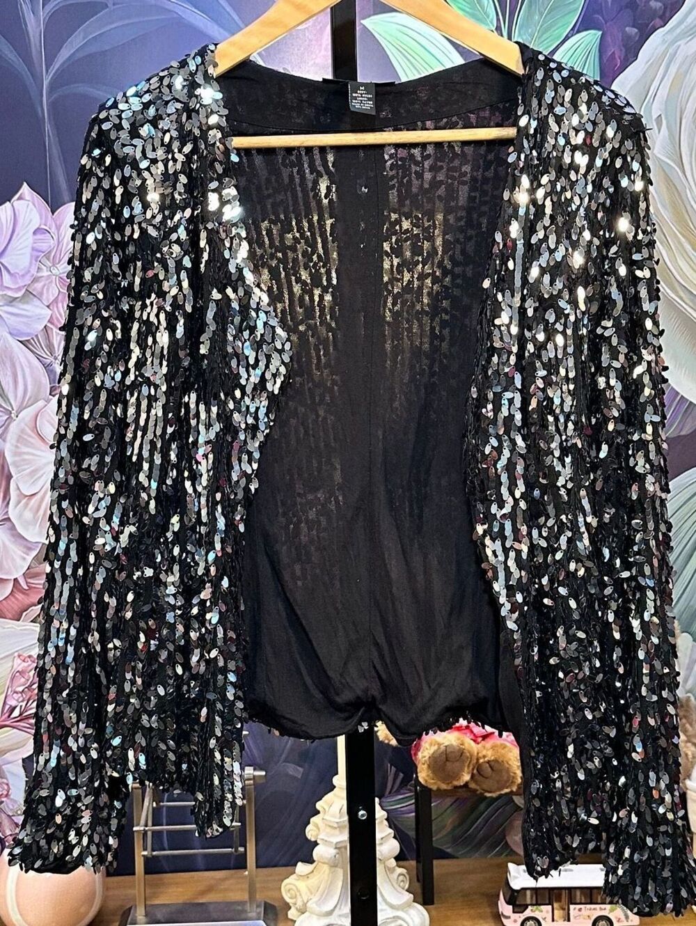 INC International Concepts M Black Sequin Stretch Cardigan Jacket Party Glam